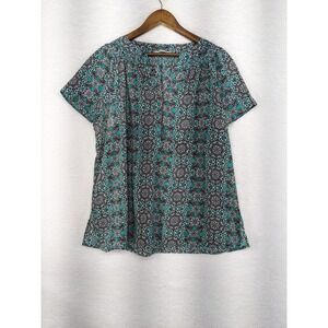 Dana Buchman Teal Green White Geometric Polyester 3/4 Sleeve Top XL‎